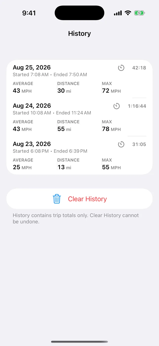 Trip history with three saved trip summaries