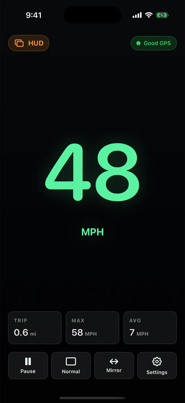 ClearSpeed GPS HUD mode showing 48 MPH in large green digits
