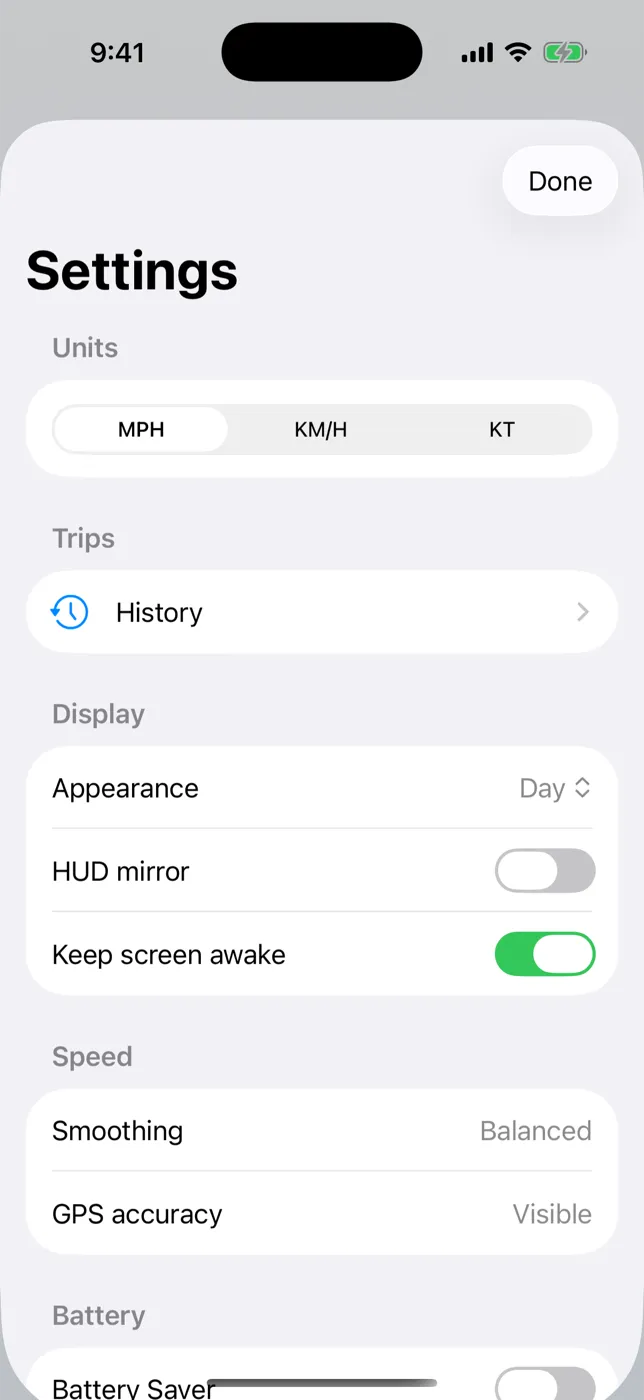 ClearSpeed GPS settings with MPH, KM/H, and KT unit selector, history, and display options